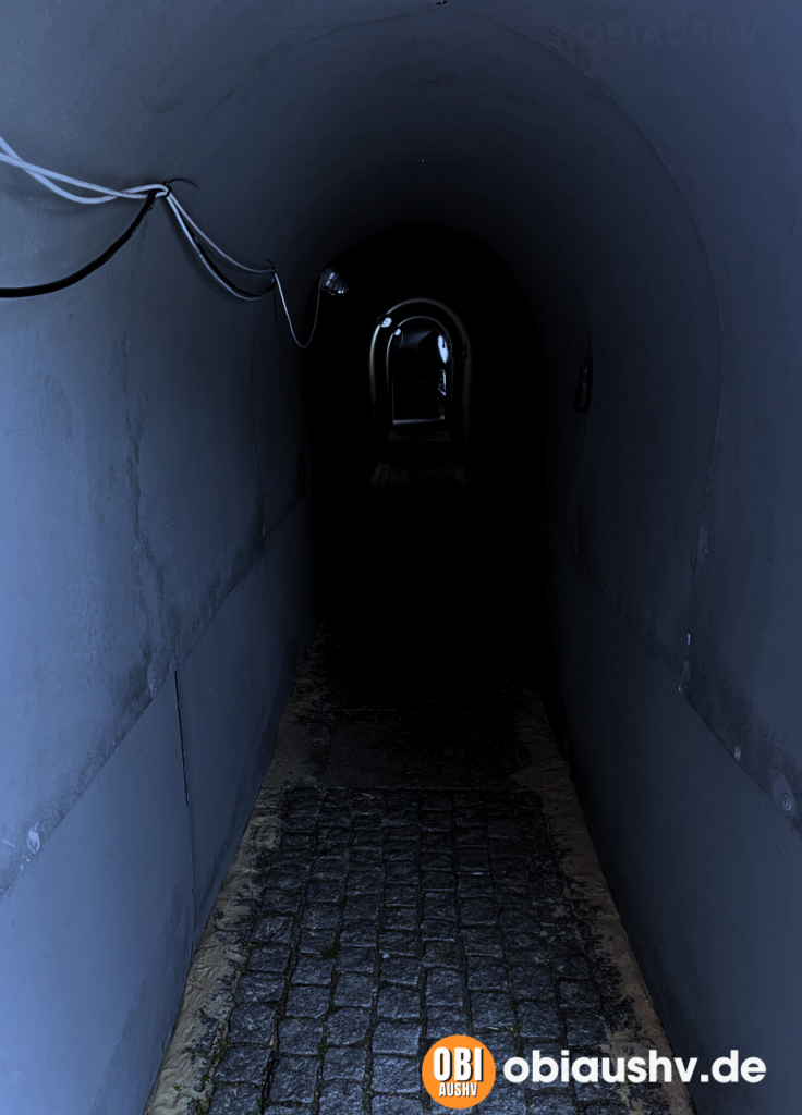Das Foto zeigt einen schwach beleuchteten Tunnel mit einer gewölbten Decke, der zu einem helleren Bereich führt, in dessen Ferne ein Ausgang oder eine Öffnung zu sehen ist. Die Wände und der Boden scheinen aus Beton zu sein, und auf dem Boden ist ein Kopfsteinpflastermuster zu erkennen. Ein Kabel verläuft entlang der linken Wand des Tunnels.

Es handelt sich dabei um eine Nachbildung eines Tunnels der Hamas.