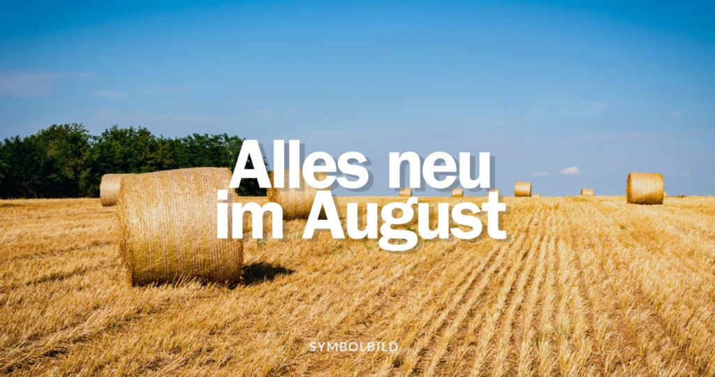 Das Bild zeigt ein geerntetes Feld und mehrere große runde Heuballen unter einem klaren blauen Himmel. Im Vordergrund steht der Text “Alles neu im August”. Symbolbild