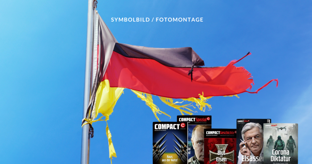 Das Bild zeigt eine deutsche Flagge vor einem klaren, blauen Himmel. Die Flagge ist stark beschädigt und ausgefranst. Unter der Flagge sind mehrere Compact-Magazine zu sehen, die verschiedene Titel und Bilder zeigen, darunter auch politische Inhalte. Compact Gerhard Vierfuß Symbolbild