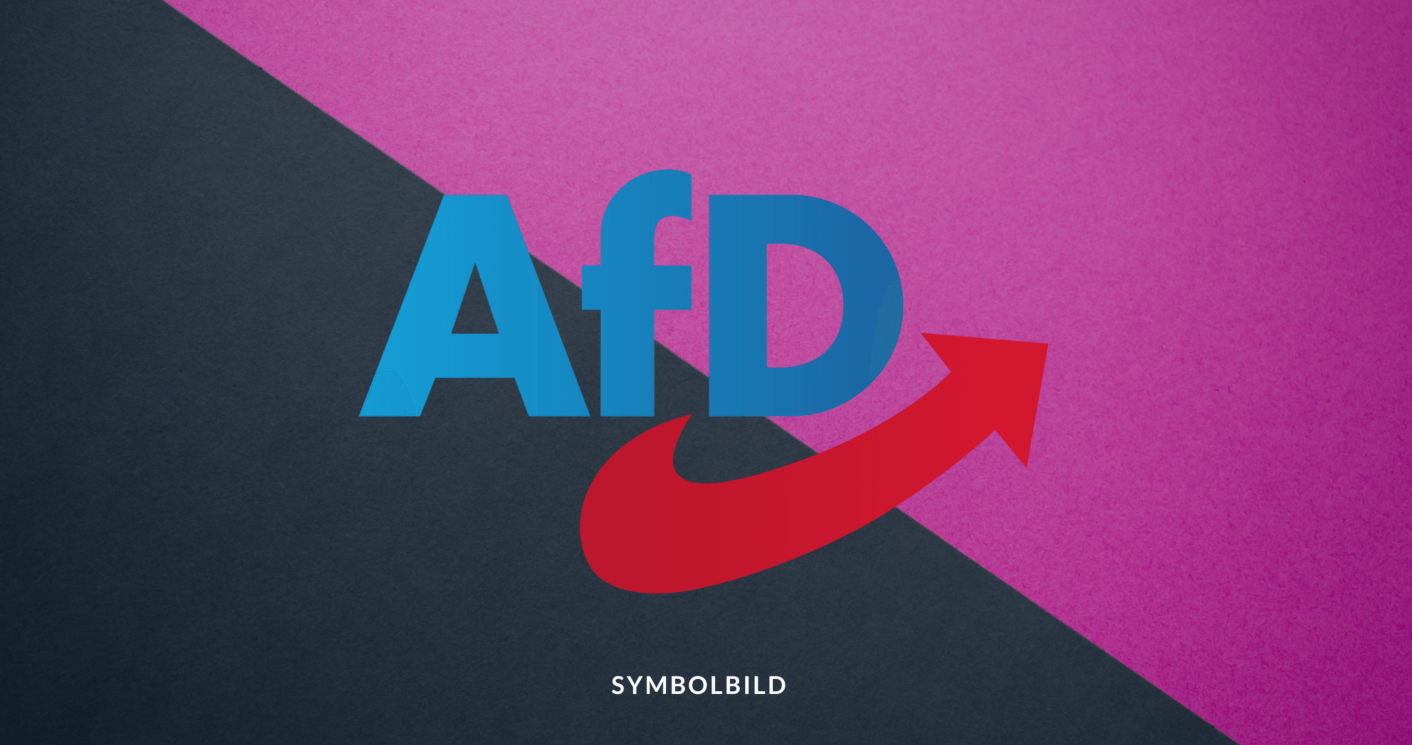 Das Bild zeigt das Logo der AfD auf auf einem diagonal geteilten Hintergrund in Pink und Dunkelgrau. Symbolbild