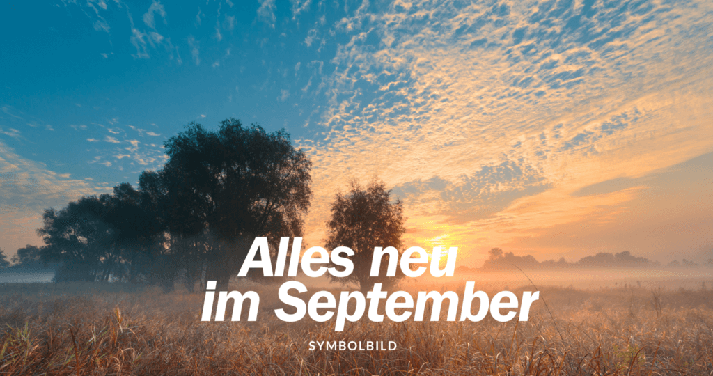 Das Bild zeigt eine malerische Landschaft bei Sonnenaufgang. Der Himmel ist mit verstreuten Wolken bedeckt, und im Vordergrund sieht man eine Wiese mit tief liegendem Dunst. In der Mitte des Bildes steht der Text „Alles neu im September“. September 2024 Neuerungen Symbolbild