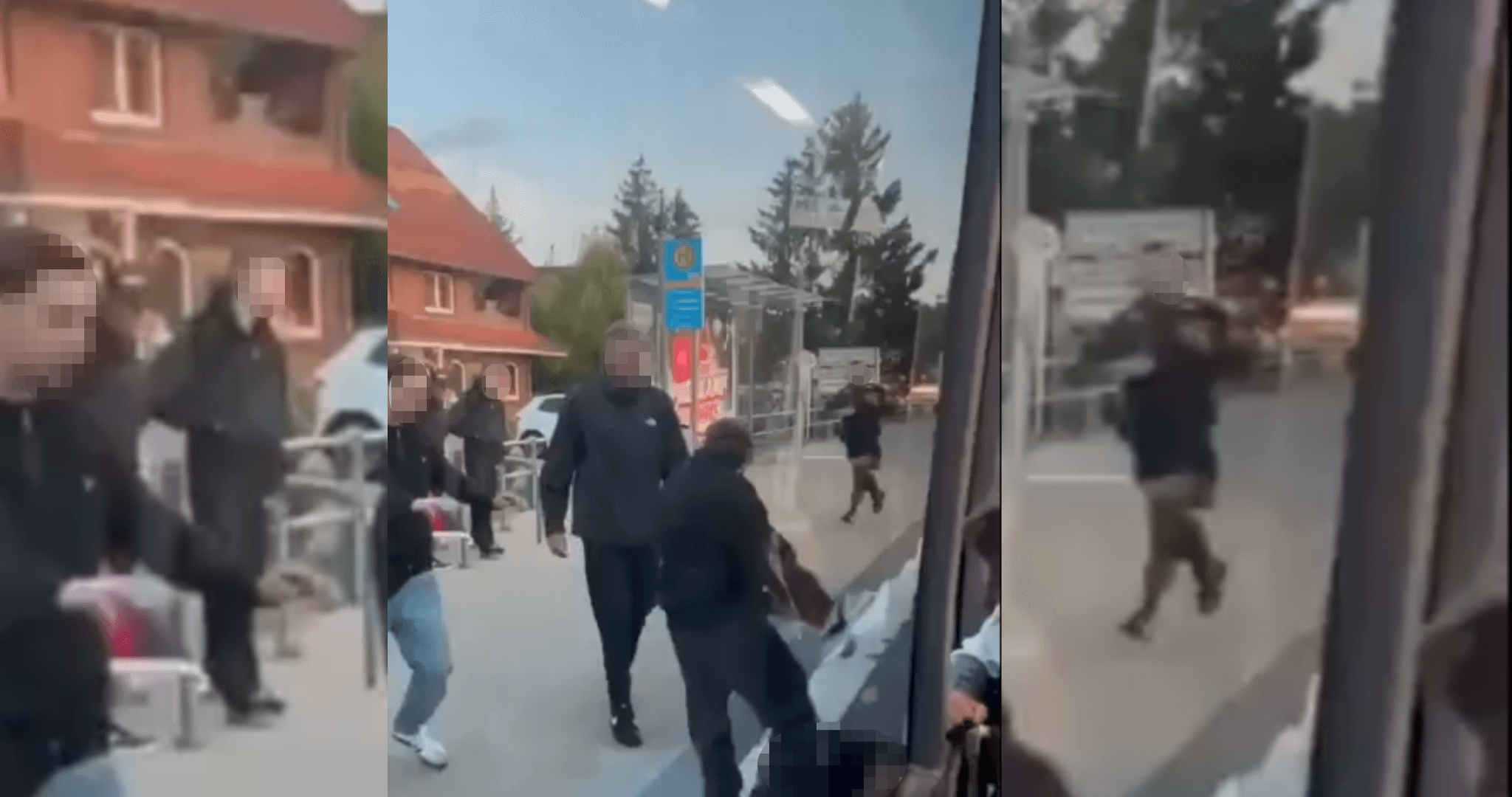 Ein Polizist (links) eilt auf die Angreifer (rechts) zu: In einem Linienbus war ein Streit eskaliert. Es führte zu einer Attacke an einer Haltestelle in Gifhorn.