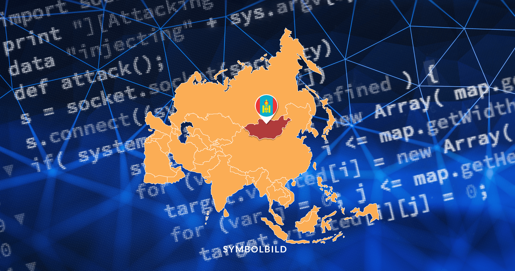 Das Bild zeigt eine stilisierte Karte von Asien in warmen Farben, im Zentrum ist die Mongolei hervorgehoben. Im Hintergrund sind digitale Elemente wie Codezeilen, Netzwerkmuster und der Begriff “data attack” mehrfach zu sehen. Symbolbild Mongolei Spyware