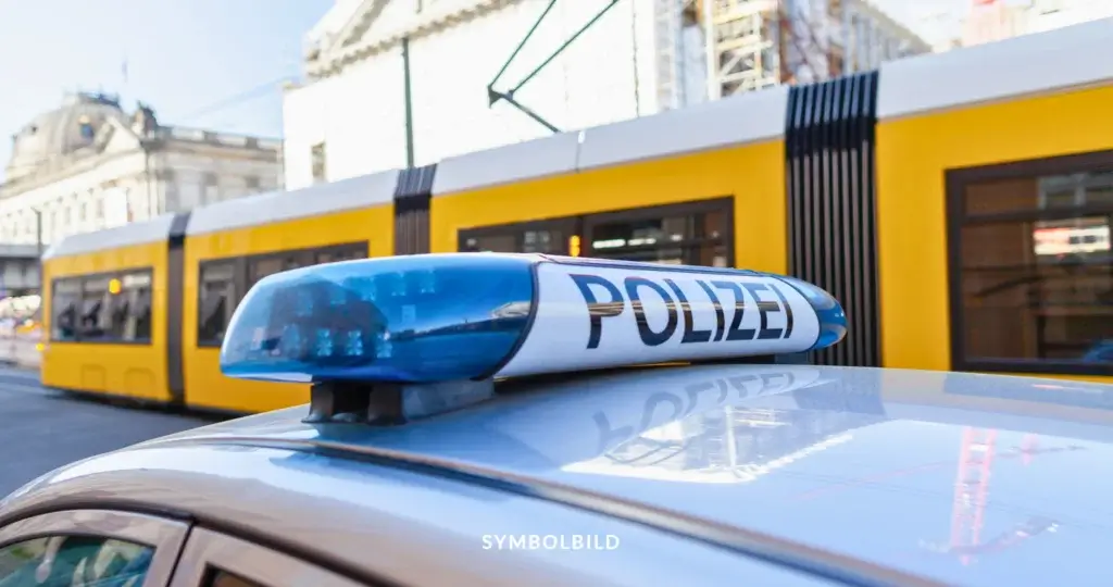 Das Bild zeigt das obere Teil eines Polizeiautos mit einem blauen Sirenenlicht und dem Wort “POLIZEI” darauf. Im Hintergrund fährt eine gelbe Straßenbahn der BVG vorbei, und es sind einige Gebäude zu sehen. SYMBOLBILD Razzien in Berlin im Zusammenhang mit propalästinensischen Straftaten