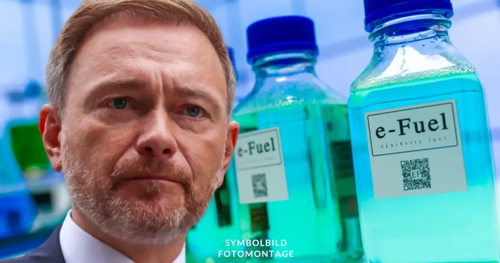 Das Bild zeigt zwei Flaschen mit der Aufschrift „e-Fuel“ vor einem unscharfen Hintergrund. Davor ist das Bild des Finanzministers Christian Lindner zusehen. Symbolbild E-Fuels-Pläne der Bundesregierung: PR-Gag oder echte Zukunftsvision für die Mobilität?