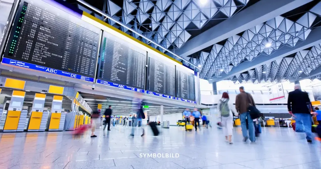 Das Bild zeigt eine belebte Flughafenhalle mit einem großen Anzeigebildschirm, auf dem Abflüge zu verschiedenen Zielen wie Calgary, Montreal, Los Angeles, Houston, London, Tel Aviv, und Berlin angezeigt werden. Unter dem Bildschirm befinden sich gelbe Check-in-Automaten, und mehrere Personen sind in Bewegung, einige mit Gepäck. Die Decke hat ein modernes, geometrisches Design und der Bereich ist hell beleuchtet. Symbolbild Luftfahrt-Friedhof Deutschland Fliegen bald Luxus