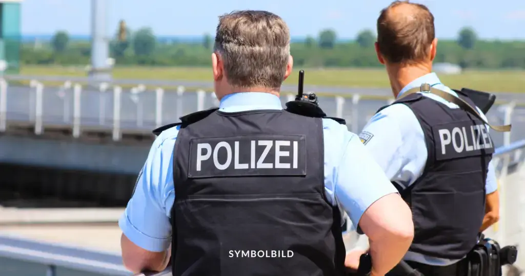 Das Bild zeigt zwei Bundespolizisten von hinten, die Westen mit der Aufschrift „POLIZEI“ tragen. Sie stehen im Freien und blicken in die Ferne. Einer der Polizisten trägt ein Funkgerät auf der Schulter. Im Hintergrund ist eine unscharfe Landschaft mit Bäumen und einem Gebäude zu sehen. Am unteren Rand des Bildes steht das Wort „SYMBOLBILD“