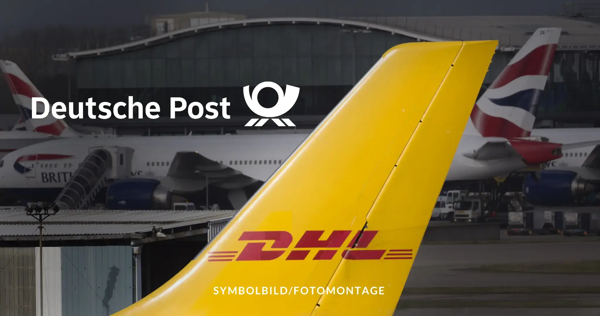 Das Bild zeigt eine DHL-Flugzeugspitze im Vordergrund, mit dem prominenten DHL-Logo darauf. Im Hintergrund sind zwei geparkte British Airways Flugzeuge zu sehen. Der Text "Deutsche Post" mit dem Logo befindet sich in der oberen linken Ecke des Bildes. Am unteren Rand steht der Text "SYMBOLBILD/FOTOMONTAGE". Warnstreik Deutsche Post DHL 2025